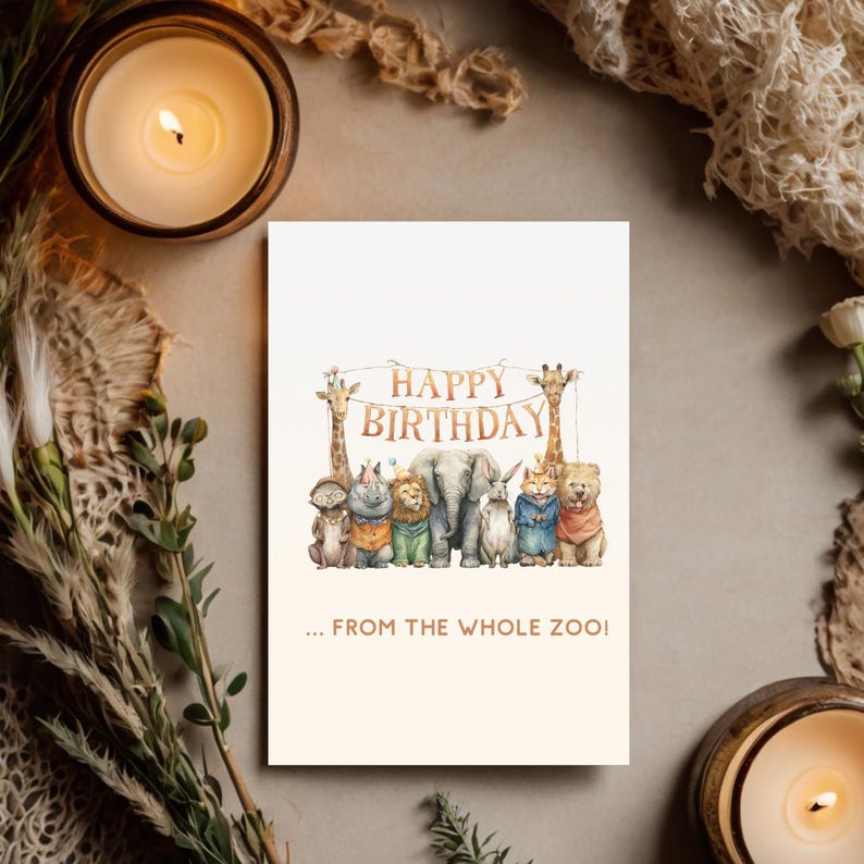 Digital Birthday Card Printable Greeting Design Animal Birthday Card ...