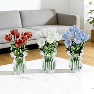 Ramo de flores de vidrio soplado a mano de 7 piezas con minijarrón: decoración de escritorio hecha a mano, regalo de arte floral en vidrio, regalo de cumpleaños y aniversario, regalo para ella