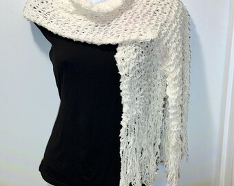 Boho Crochet Scarf With Fringe — White | Handmade Soft Winter Shawl
