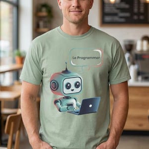 Puede incluir: Camiseta verde salvia con un robot de dibujos animados y el texto "Le Programmeur" en un bocadillo. El robot es azul claro, rojo y blanco. La camiseta la lleva una persona.