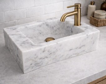 Hand Carved Gray & White Marble Vessel Sink – Rectangular Countertop Bathroom Sink, Natural Stone Basin