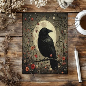 Crow, and Flowers, Art Print, Spooky Wall Art, Cottagecore, Wildlife Painting, Bird Home Decor, Fall Decor, Raven Unique Artwork Print