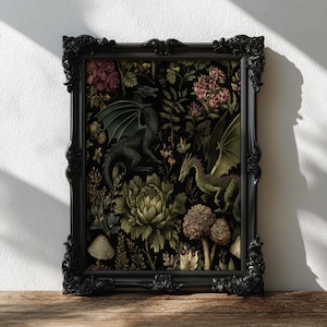 Dark Botanical Dragon Art Print, Gothic Floral Fantasy Illustration, Vintage Style Dragon Wall Art, Cottagecore Decor, Black Nature Art