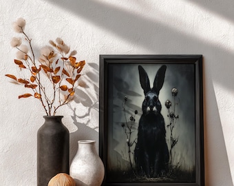 Fall Spooky Bunny Art Print, Dark Gothic Wall Art, Halloween Decor, Black Rabbit Home Decor, Unique Halloween Artwork Print