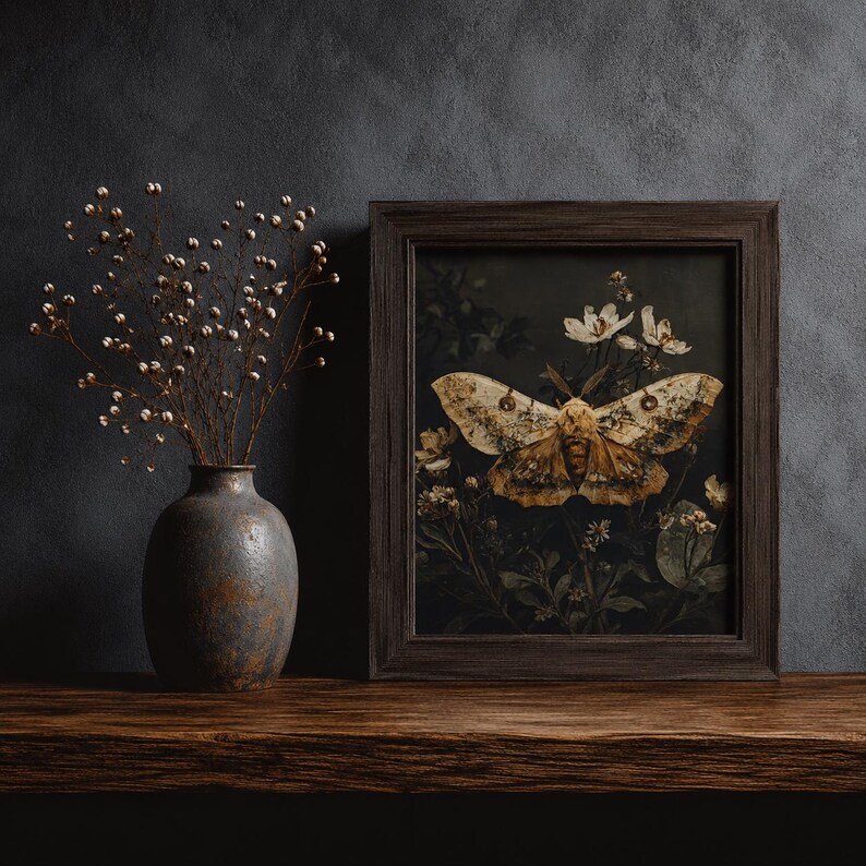 Luna Moth Wall Art Print, Dark Academia Insect Artwork, Moody Botanical ...