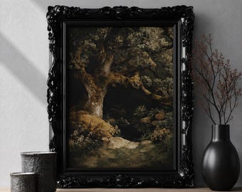 Impression d'art mural chêne centenaire, paysage forestier enchanté, décoration boisée de mauvaise humeur, oeuvre d'art nature, peinture d'arbre rustique, décoration murale bois