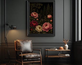 Illustration botanique de pivoine sombre | Décoration murale florale cottagecore, illustration vintage de pivoine | Décoration florale gothique, œuvre d'art de jardin antique