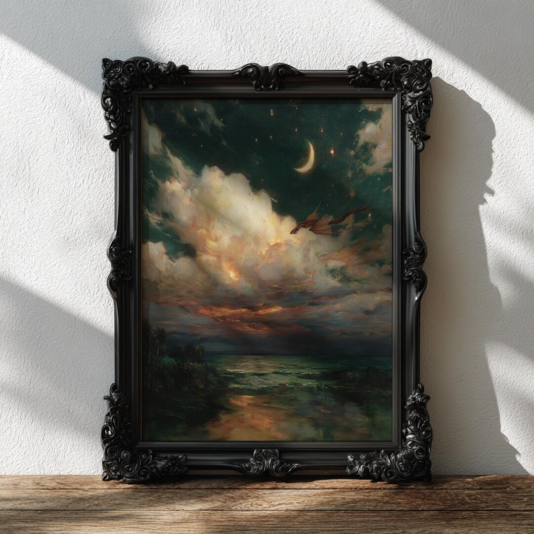 Moonlit Dragon Sky Art Print, Fantasy Landscape Painting, Celestial ...