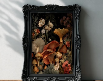 impression d'art botanique champignon vintage | Illustration colorée de champignons et de fleurs sauvages | Décoration murale Woodland Cottagecore | Décoration botanique naturelle