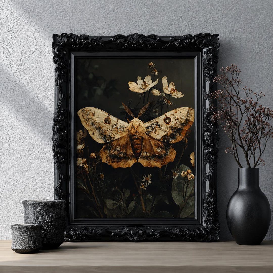 Luna Moth Wall Art Print, Dark Academia Insect Artwork, Moody Botanical ...