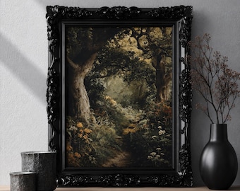 Impression d'art murale forêt enchantée, peinture de paysage boisé de mauvaise humeur, décoration Cottagecore, oeuvre d'art nature forêt rustique, décoration boisée