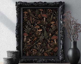 Affiche vintage Forêt de Champignons, Art Mural Botanique Cottagecore Sombre, Illustration de Champignons des Bois | Décoration Nature Gothique, Œuvre d'Art Enchantée