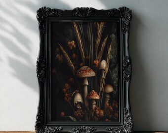 Impression d'art floral botanique foncé, illustration vintage de fleurs et de champignons, art mural cottagecore de mauvaise humeur, décoration gothique gothique sombre