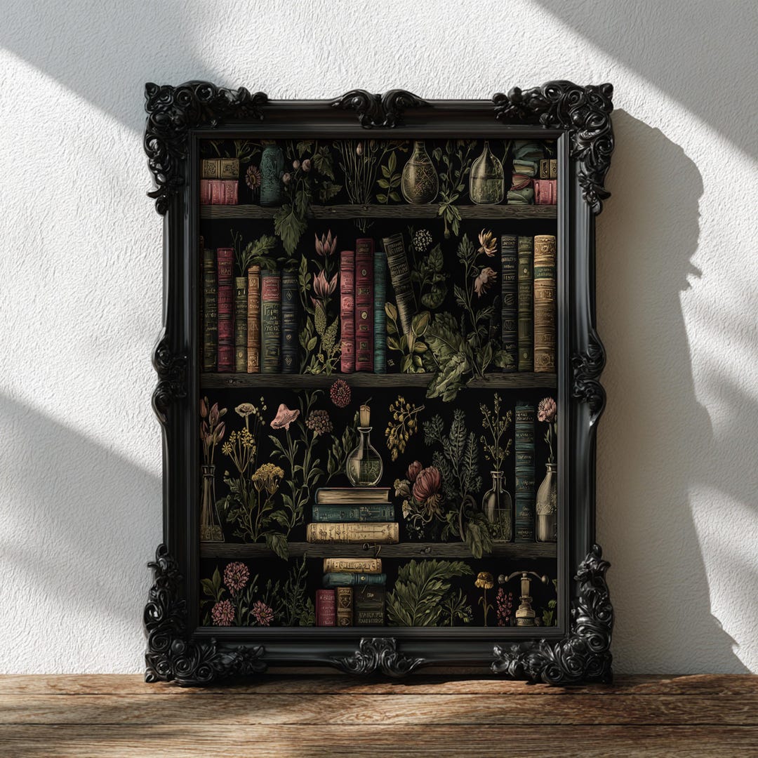Dark Academia Bookshelf Art Print, Vintage Botanical Library Wall Art ...