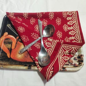 Hand-Block Printed Red Floral Cotton Napkin: Indian Motif Boho Table Decor