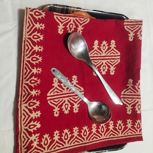 Handcrafted Red Cotton Napkin: Geometric Floral Block Print