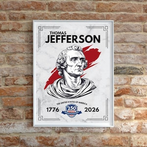Może przedstawiać: Oprawiony wydruk przedstawiający popiersie Thomasa Jeffersona, z napisem "Thomas Jefferson" pogrubionymi czarnymi literami u góry. Wydruk zawiera lata 1776 i 2026 oraz czerwoną plamę za popiersiem.