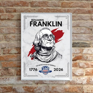 Może przedstawiać: Oprawiony wydruk z czarno-białym portretem Benjamina Franklina, z napisem "BENJAMIN FRANKLIN" u góry. Wydruk zawiera daty 1776 i 2026 oraz baner z napisem "250 Semiquincentennial". Czerwona plama znajduje się za portretem.