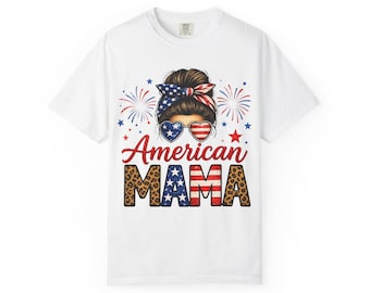 Maglietta American MAMA / Grafica patriottica per mamme, occhiali da sole con bandiera e stampa leopardata