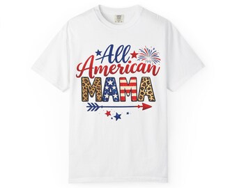 Maglietta "All American Mama" con design a bandiera leopardata patriottica, maglietta per la mamma del 4 luglio.