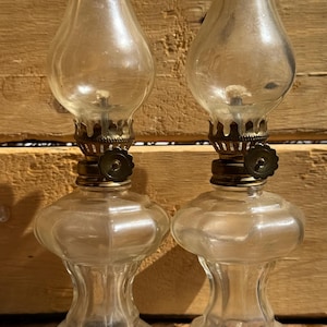 Set of 2 Miniature Clear Glass Oil Lamps 1950’s