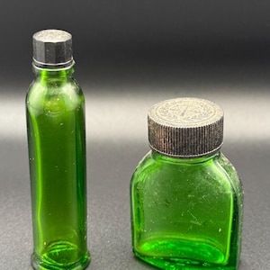 Vintage Green bubble glass apothecary bottles with original lids
