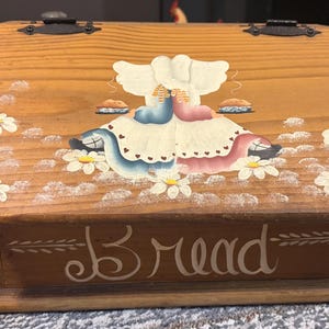 Hand painted wooden breadbox with pilgrims