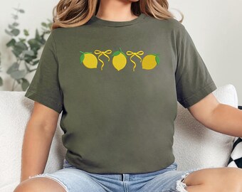 Embroidered Coquette Lemon Bow T-Shirt, Summer Citrus Tee, Cute Fruit Aesthetic Shirt
