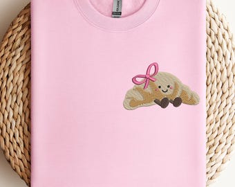 Embroidered Croissant Sweatshirt, Kawaii Foodie Apparel, Pink Bow Bakery Shirt