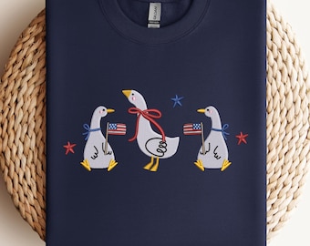 Embroidered Patriotic Goose Shirt, 4th of July Sweatshirt, American Flag Duck Tee, Independence Day Gift, Cute Summer T-Shirt for Women