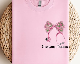 Custom Embroidered Nurse Sweatshirt, Floral Bow Stethoscope Shirt, Personalized Healthcare Worker Gift