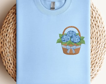 Embroidered Blue Hydrangea Sweatshirt, Choose Your Floral Design, Grandmillennial Bow Shirt, Coastal Grandma Sweater, Custom Flower Tee