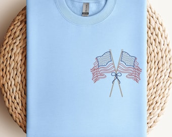 Embroidered Crossed American Flags T-Shirt, Coquette Bow 4th of July Sweatshirt, Patriotic Apparel