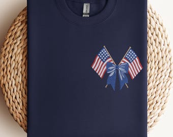 Embroidered Crossed American Flags T-Shirt, Coquette Blue Bow 4th of July Sweatshirt, Patriotic Apparel