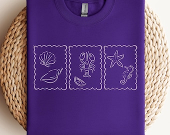 Embroidered Coastal Summer T-Shirt, Preppy Beach Sweatshirt, Lobster Seashell Stamp Shirt, Nautical Ocean Apparel