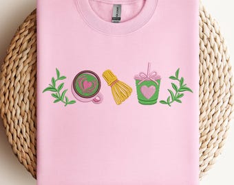 Embroidered Coquette Matcha T-Shirt, Iced Matcha Latte Sweatshirt, Cute Tea Lover Apparel