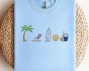 Embroidered Beach Day T-Shirt, Summer Vacation Sweatshirt, Coastal Surfboard Apparel