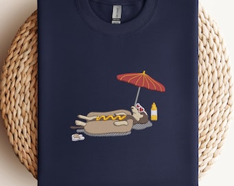 Embroidered Hot Dog Shirt, Funny Summer BBQ Sweatshirt, Chilling Beach Tee, Foodie Gift, Cute Vacation T-Shirt for Women