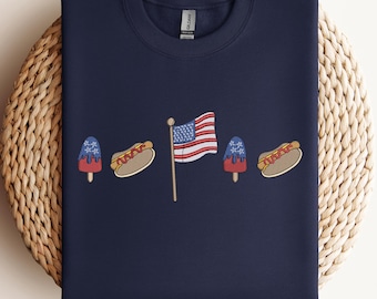 Embroidered Patriotic BBQ Shirt, 4th of July Hot Dog Popsicle Sweatshirt, American Flag Summer Tee, Independence Day Gift