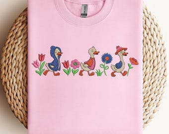 Embroidered Cute Ducks T-Shirt, Spring Floral Ducklings Sweatshirt, Cottagecore Apparel