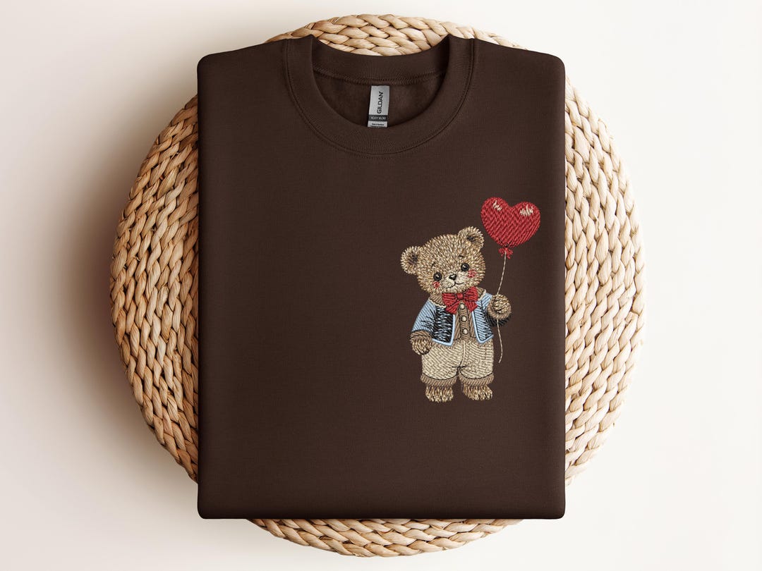 Valentine Embroidered Teddy Bear T Shirt for Women, Heart Balloon Bear ...