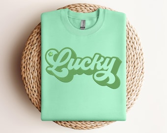 Lucky Embroidered Sweatshirt, St Patrick’s Day Script Shirt, Green Lucky Embroidery Hoodie Tee