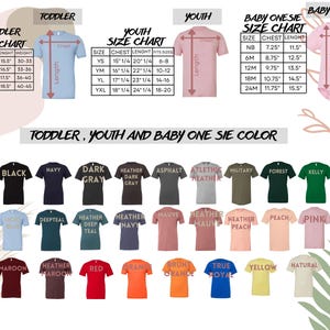 May include: Image of a size chart for toddler, youth, and baby onesies. The chart includes measurements for chest, length, and weight in inches. Various t-shirt colors are displayed, including white, black, navy, and heather gray.