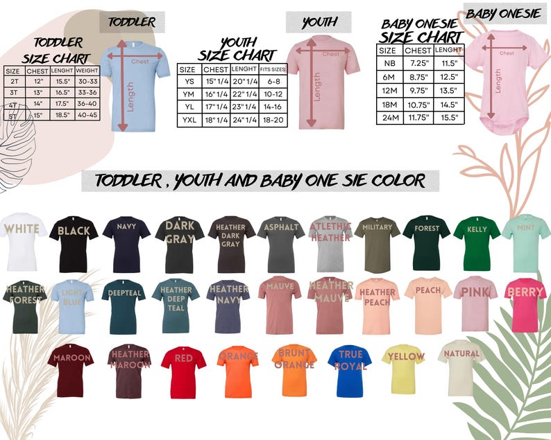 May include: Image of a size chart for toddler, youth, and baby onesies. The chart includes measurements for chest, length, and weight in inches. Various t-shirt colors are displayed, including white, black, navy, and heather gray.
