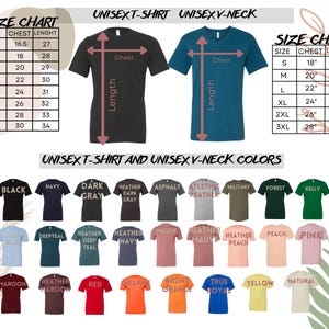 May include: Image featuring a size chart for unisex t-shirts and V-neck shirts, with chest and length measurements in inches. The image also displays a color chart with various options, including white, black, navy, and heather gray.