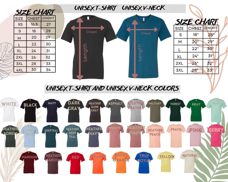 May include: Image featuring a size chart for unisex t-shirts and V-neck shirts, with chest and length measurements in inches. The image also displays a color chart with various options, including white, black, navy, and heather gray.