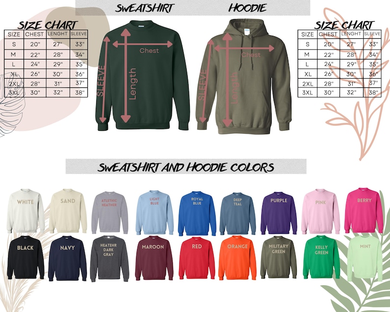 May include: Image showcasing a size chart and color options for sweatshirts and hoodies. The size chart includes chest, length, and sleeve measurements in inches. A variety of colors are displayed, including white, black, navy, and red.