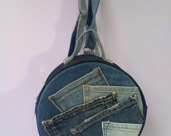 Handmade Round Denim Backpack – Unique Vintage Style