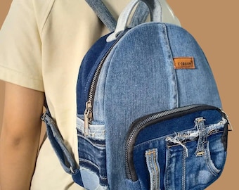 denim backpack, hand made backpack