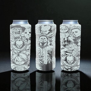 Horror Icons Brumate Slim Can Cooler – Engraved Stainless Steel Insulated Holder for 12oz 16oz 24oz Slim Cans | Halloween Scary Gift